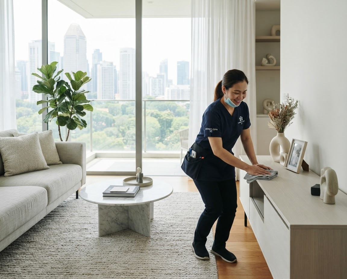 Professional cleaner wiping a bright living room